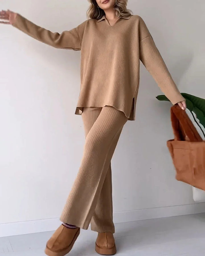 CARLA™ | Ensemble Deux Pièces En Maille Avec Fente Décontractée Et Décolleté En V