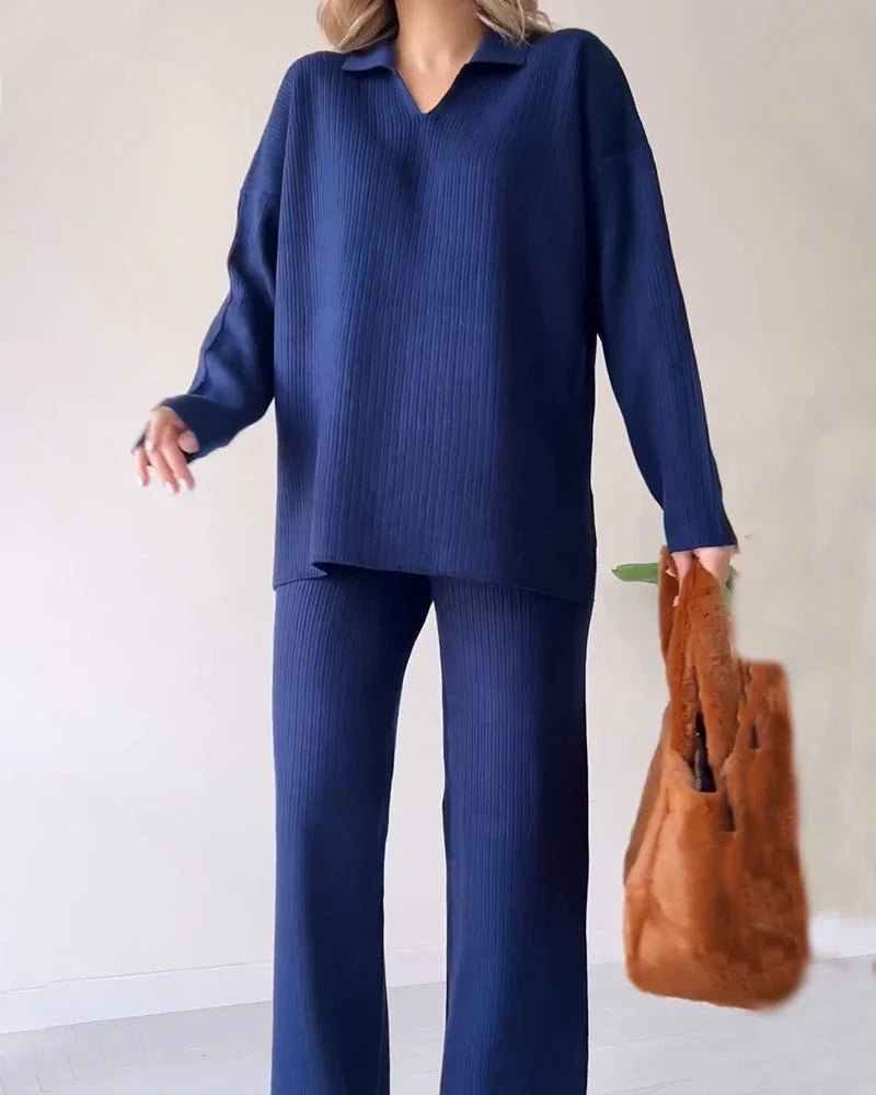 CARLA™ | Ensemble Deux Pièces En Maille Avec Fente Décontractée Et Décolleté En V