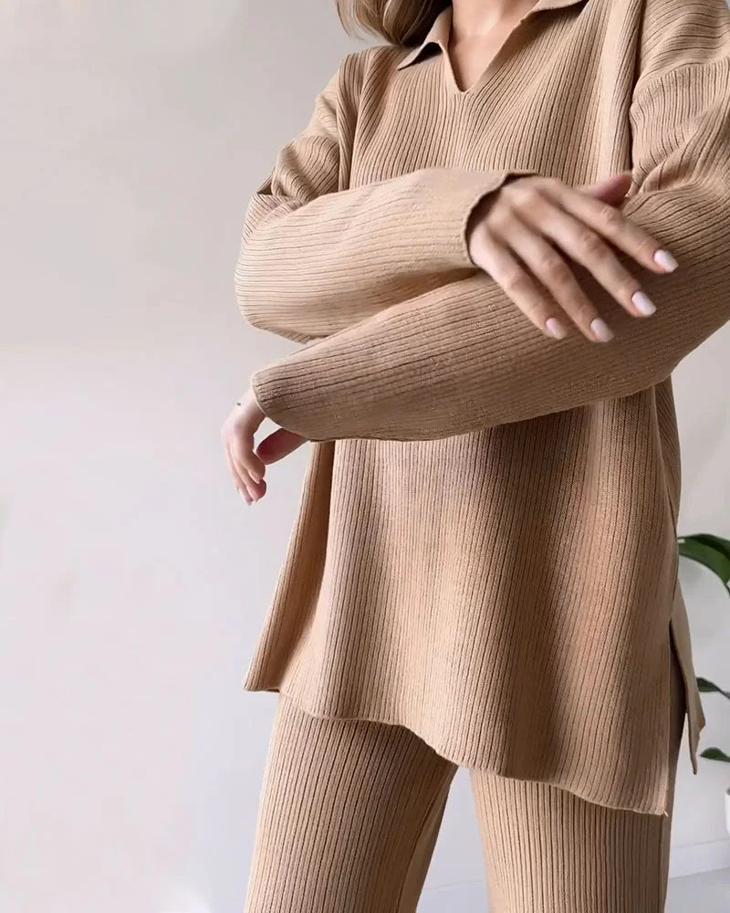 CARLA™ | Ensemble Deux Pièces En Maille Avec Fente Décontractée Et Décolleté En V