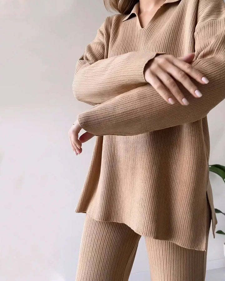 CARLA™ | Ensemble Deux Pièces En Maille Avec Fente Décontractée Et Décolleté En V