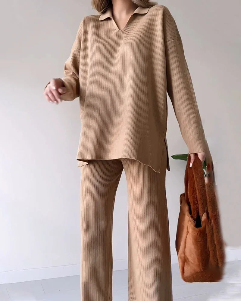CARLA™ | Ensemble Deux Pièces En Maille Avec Fente Décontractée Et Décolleté En V