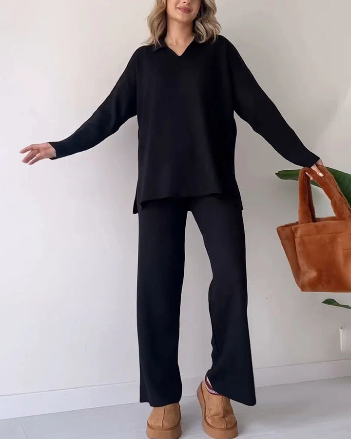 CARLA™ | Ensemble Deux Pièces En Maille Avec Fente Décontractée Et Décolleté En V