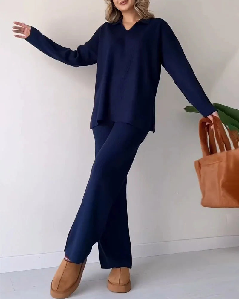 CARLA™ | Ensemble Deux Pièces En Maille Avec Fente Décontractée Et Décolleté En V