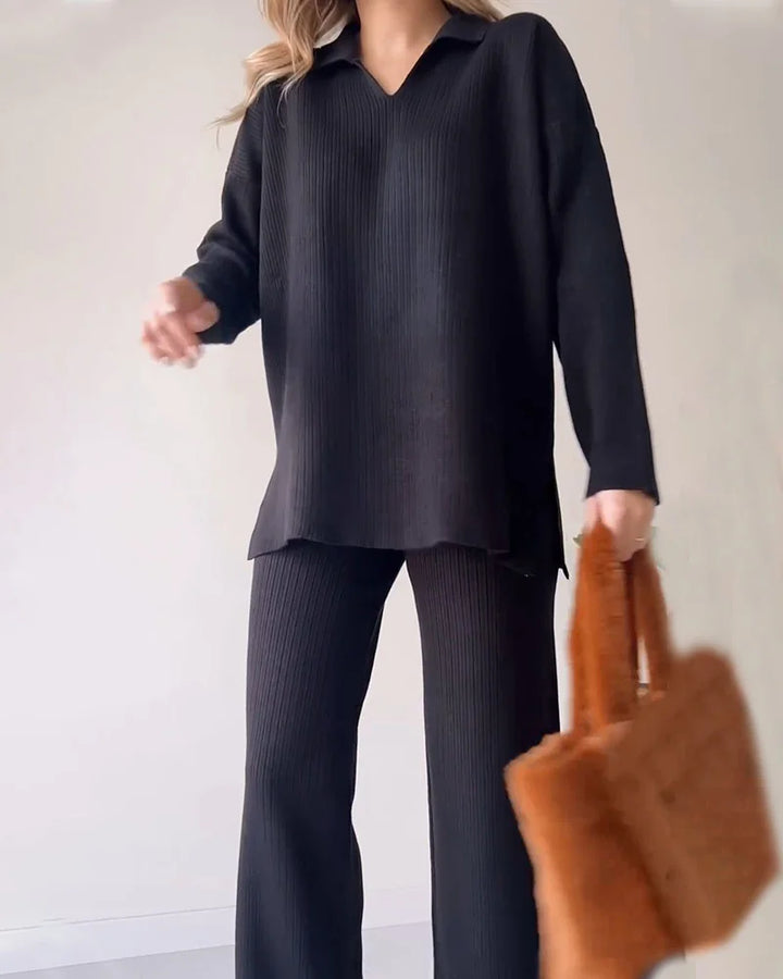 CARLA™ | Ensemble Deux Pièces En Maille Avec Fente Décontractée Et Décolleté En V